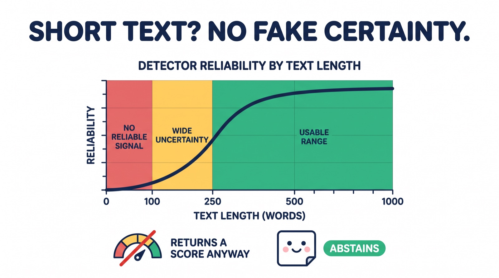 Infographic showing detector reliability increasing with word count, with a no-signal zone below 100 words