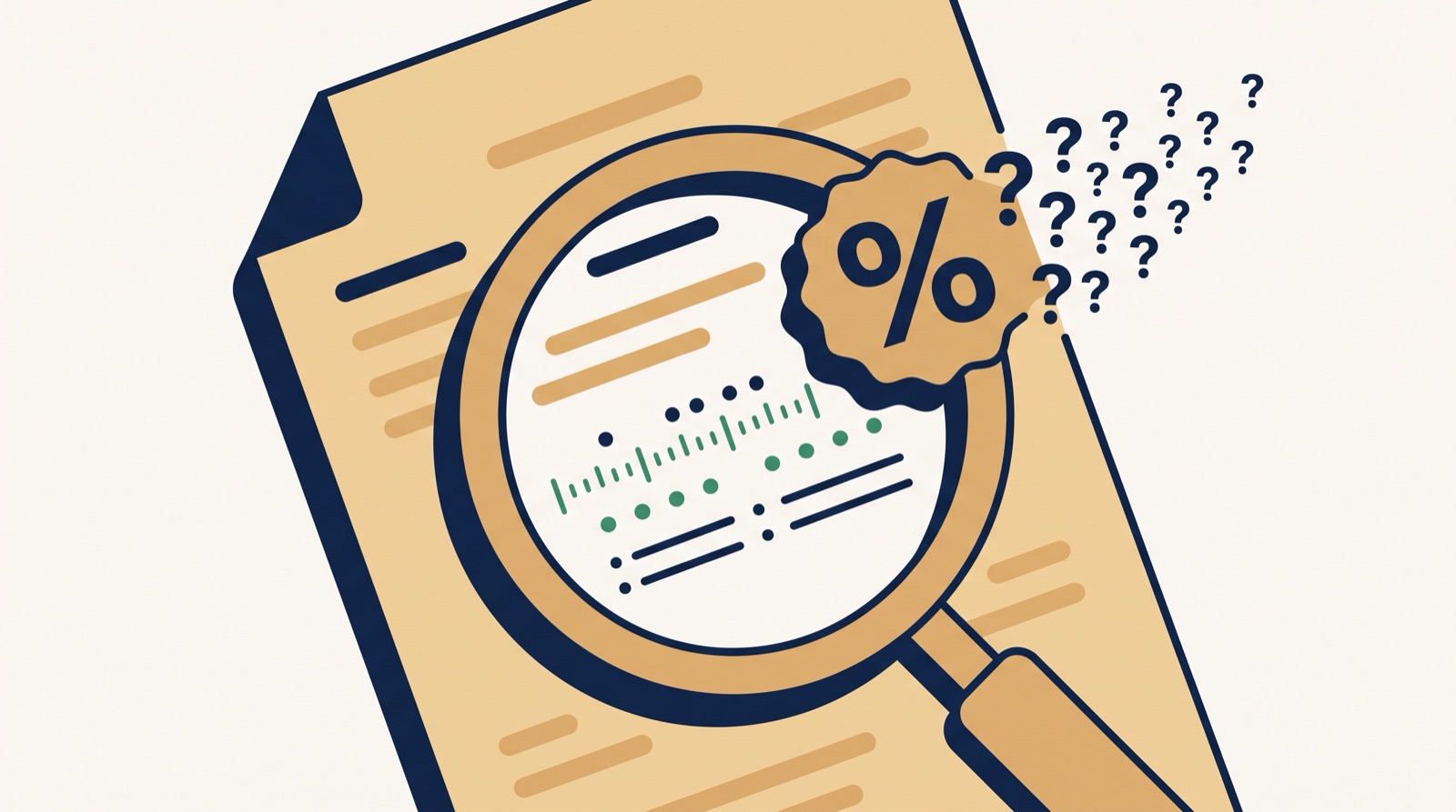 Illustration of a document under a magnifying glass with a confidence percentage dissolving into question marks