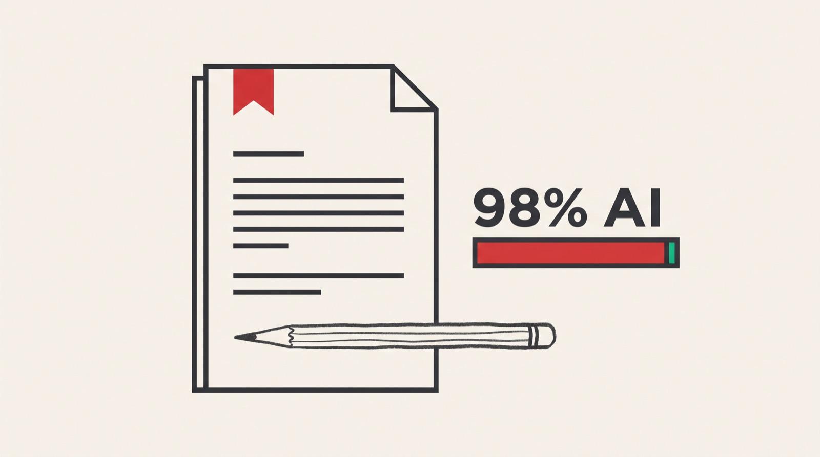 Illustration of a flagged document showing an AI detection score alongside a handwritten pencil line